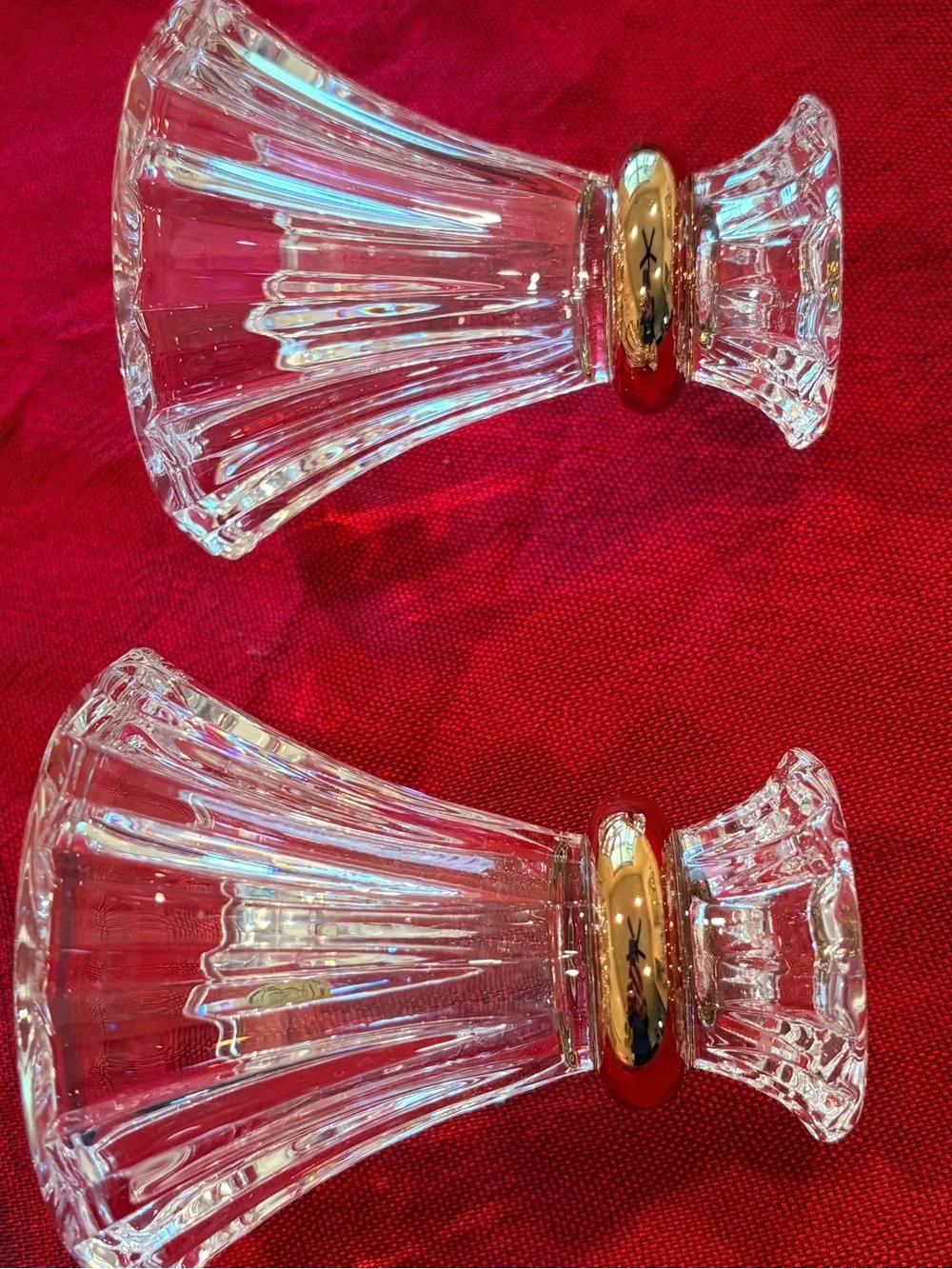 Vintage Cristal d’Arques Eventail Gold Band Crystal Candlestick Holders Pair